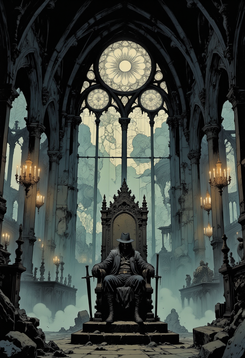 A dark and eerie scene of a hunter man sitting on a throne in a Gothic cathedral. The man is wearing a black suit and a hat, and is holding a sword in his right hand. He is sitting on the throne with his left hand resting on his lap. The throne is made of wood and has intricate carvings and designs on it. The background of the image is a large stained glass window with a circular design in the center. The window is surrounded by arches and pillars, and there are several chandeliers hanging from the ceiling. The floor is covered in fog, and the overall atmosphere is dark and foreboding. The image has a moody and eerie feel to it. Bloodborne art. Mangaka style.