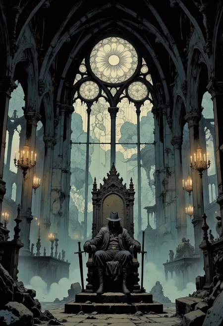 A dark and eerie scene of a hunter man sitting on a throne in a Gothic cathedral. The man is wearing a black suit and a hat, and is holding a sword in his right hand. He is sitting on the throne with his left hand resting on his lap. The throne is made of wood and has intricate carvings and designs on it. The background of the image is a large stained glass window with a circular design in the center. The window is surrounded by arches and pillars, and there are several chandeliers hanging from the ceiling. The floor is covered in fog, and the overall atmosphere is dark and foreboding. The image has a moody and eerie feel to it. Bloodborne art. Mangaka style.