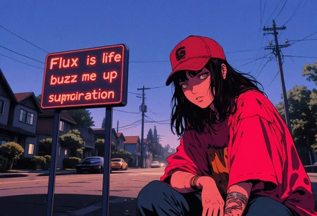 Japanese-Vietnamese Girl in oversized superbowl t-shirt, baseball cap and high sneakers. Looking at the viewer, partially parted lips, challenging pose, queen of the hill.
Dusk, long shadows, suburban american background in the '90.
A road sign on the street is clearly visible, readable as she show it to the viewer. The sign says "Flux is life, buzz me up".
=============================
anime, cyberpunk, style of Edwin Austin Abbey, ne0nfant4sy, Anime style