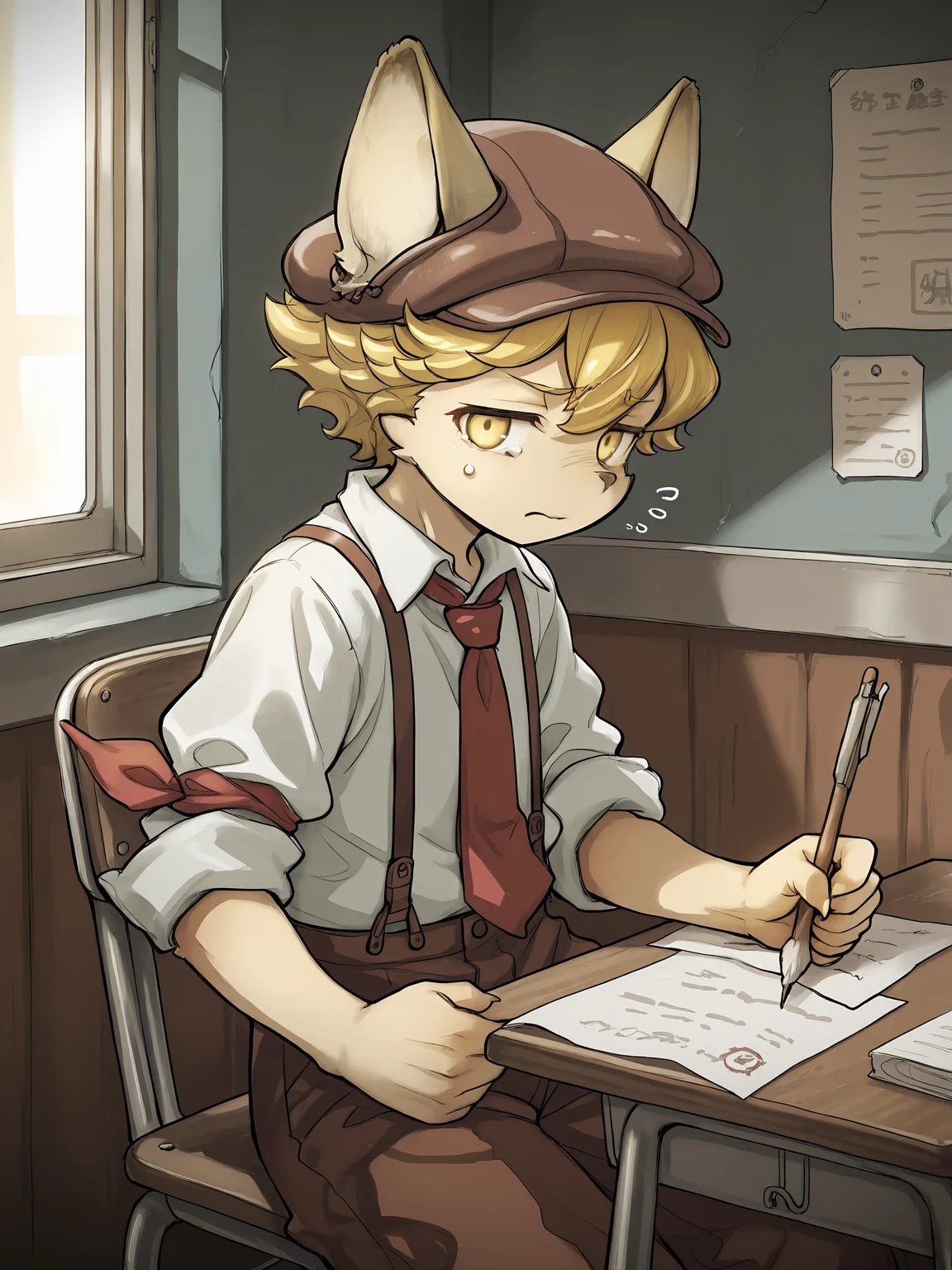 masterpiece, best quality, (absurdres), (highest quality), amazing quality, very aesthetic, no humans,
BREAK, <lora:Malt_Marzipan:1>, malt marzipan, fuga: melodies of steel, young male, 1boy, animal ears, yellow eyes, blonde hair,
BREAK, brown pants, suspenders, shirt, necktie, hat, claws,
BREAK, school, sitting, paper, frustrated, tired, narrowed eyes,