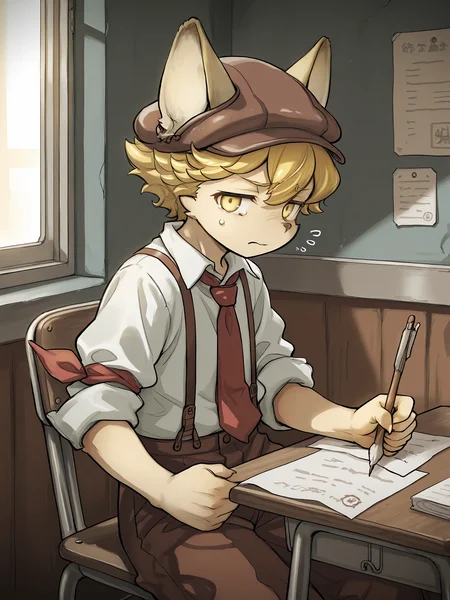 masterpiece, best quality, (absurdres), (highest quality), amazing quality, very aesthetic, no humans,
BREAK, <lora:Malt_Marzipan:1>, malt marzipan, fuga: melodies of steel, young male, 1boy, animal ears, yellow eyes, blonde hair,
BREAK, brown pants, suspenders, shirt, necktie, hat, claws,
BREAK, school, sitting, paper, frustrated, tired, narrowed eyes,