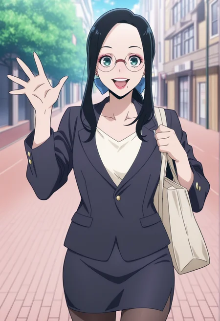 anime screencap, anime coloring, 1girl, long hair, black hair, green eyes, mole under mouth, eyeshadow, lipstick, low ponytail, ribbon, pearl earrings, glasses, round eyewear, blazer, pencil skirt, pantyhose, outdoors, waving, cowboy shot, bag, looking at viewer, smile, upper teeth only, <lora:makoto_illegals:1>, masterpiece, best quality, amazing quality, very aesthetic, absurdres, highres, newest
