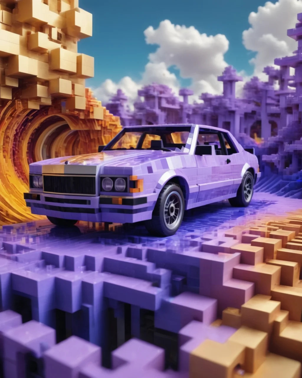((best quality)),(masterpiece),car,awardwinning,Psykadelicwoxel3d, psychedelic,<lora:Psykadelicwoxel3d-step00000350:1>,scenery in the background,made of voxels