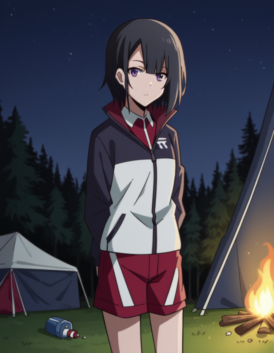score_9, score_8_up, score_7_up, source_anime, <lora:yuika-shiwahime-s1-ponyxl-lora-nochekaiser:1>, yuika shiwahime, short hair, black hair, purple eyes,, shirt, jacket, necktie, shorts, sleeves past wrists, track jacket,, camping, bonfire, tent, stargazing, marshmallows, forest clearing, night, , looking at viewer, hands behind back, bent over,, solo,, dutch angle, cowboy shot