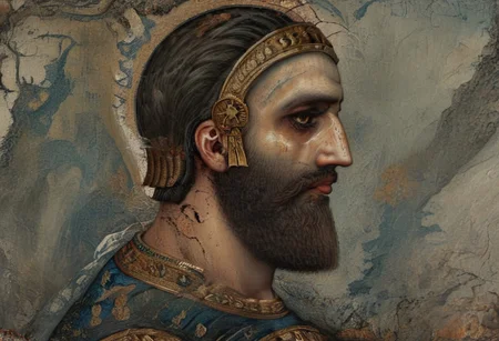 In his mind, reverential fear of Marduk, king of the gods, came to an end. 
He did yet more evil to his city every day; … his [people…], he brought ruin on them all by a yoke without relief. 
Enlil-of-the-gods became extremely angry at their complaints, and […] their territory. 
The gods who lived within them left their shrines, angry that he had made them enter into Babylon (Shuanna). 
Ex[alted Marduk, Enlil-of-the-Go]ds, relented. 
style of Qajar art, FastNegativeV2, green eyes, blue eyes, brown eyes, perfecteyes