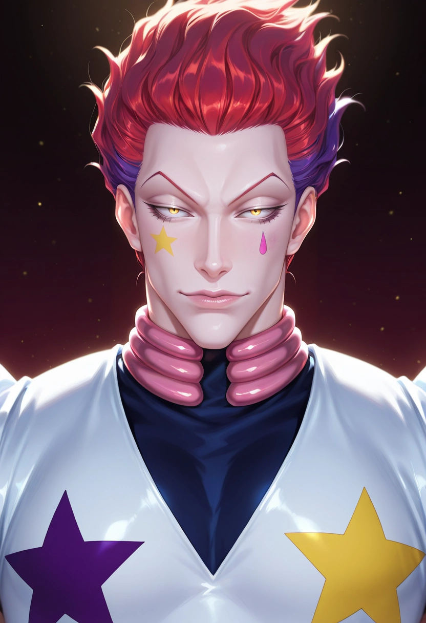 masterpiece, best quality, , (photorealistic:0.6), looking at viewer, 1boy, solo, male focus, <lora:hisoka_morow_ilxl:0.92>, hisoka_morow, red hair, yellow eyes, facial mark, star \(symbol\), ,