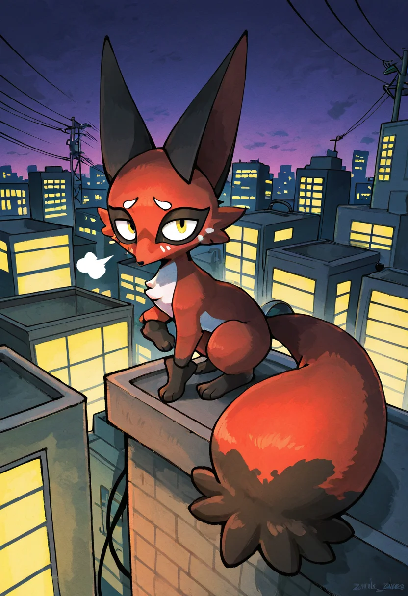 masterpiece, best quality, looking at viewer, zzNickit, moonlit rooftop, city skyline backdrop, satellite dishes, power cables, perched on ledge, tail curled around paws, head turned slightly, cool night air â Perched atop the highest rooftop in the neighborhood, zzNickit gazes across the glittering city skyline. Power cables stretch in crooked lines, and the occasional buzz of static fills the silence. The moon hangs low and full, bathing zzNickit in pale light as it sits calmly, tail wrapped neatly around its paws, eyes tracking movement far below. ,<lora:NickitPokedex_IXL_v1:1.0>,