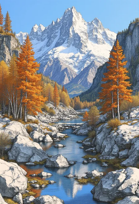 engraving in the style of yfg-durer, snowy mountains, bright orange and yellow trees, clear blue sky, rocky landscape, reflective stream, boulders scattered around, vibrant reflections of trees and mountains in the water, serene and tranquil ambiance, detailed textures of rocks, water, and foliage, and crisp shadows cast by the setting with intricate textures and vibrant colors. The scene should include a rich variety of elements, each contributing to the overall atmosphere. Lighting should be soft, diffused, and natural, enhancing the depth and realism of the scene. The mood is to be calm yet vibrant, creating a sense of serenity and wonder. Every detail in the scene should be meticulously rendered, emphasizing the contrast between light and shadow, and capturing the fine textures and subtle gradients. The color palette should be carefully chosen to evoke emotion, with each hue enhancing the aesthetic appeal of the overall composition. The final image should be immersive and captivating, drawing the viewer into its intricately detailed world.