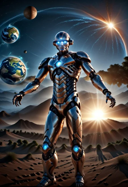 realistic image with morning high quality on the subject of the world ruled by artificial intelligence in the future, visualization of the life of people ruled by AI,super realistic image with high quality and sharp focus on 5 earth element theme as 5 element expresses life