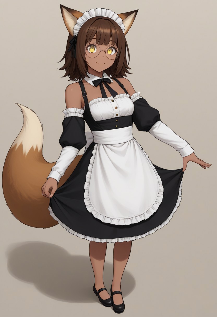 1girl,Yellow eyes, round eyes, round face, square glasses, brown skin, smile, fox tail, straigh hair, brown hair, bangs , maid outfit , sleeves, shoulders shown, black skirt, mary janes shoes, straps, medium boobs