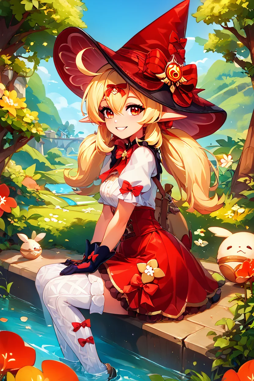 score_9, score_8_up, score_8, medium breasts, (curvy), cute, eyelashes, ,,, , ,,, zzKlee, hair between eyes, red eyes, ahoge, blonde hair, long hair, low twintails, pointy ears, twintails, witch hat, bow, gloves, short sleeves, black gloves, alternate costume, sidelocks, hat bow, <lora:KleeBlossomingStarlight_Genshin_PDXL:1.0>, ,,,, BREAK, zzEiffelTower in background, sitting, watercraft, boat, sitting on wall, side view, looking at viewer, smile, ,,, BREAK, blooming stars, luminescent petals, otherworldly fragrance blurry background, ,,, embedding:zPDXL, Expressiveh, ,,, <lora:EiffelTowerPDXL:0.8>, <lora:CatalystStylePDXL:0.6>, <lora:SDXLFaeTastic2400:0.5>, <lora:Expressive_H-000001:0.4>,