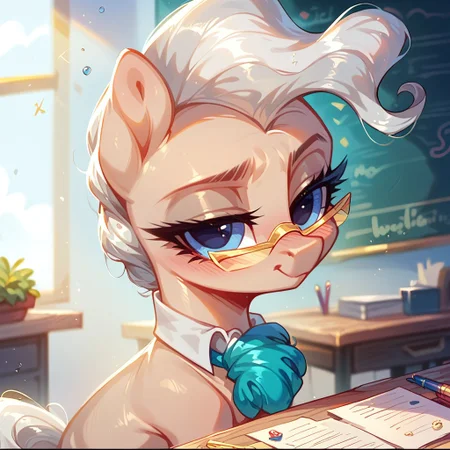 rating_safe, score_9, score_8_up, score_7_up, pony, feral, cute, Mayor Mare, 1girl, non-human, glasses, blue eyes, beige skin, quadruped, animal, pony, gray hair, tail, indoors, pretty face, curvy and petite, heavy blush, light makeup, volumetric lighting, vivid colours, detailed, shiny