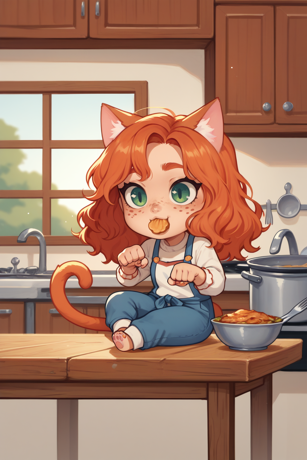 score_9, score_8_up, 1girl,  <lora:NSGingerPortia:1> NSGingerPortia, freckles, ginger hair, paw pose, cat ears, chibi, tail, sitting on table, kitchen, eating
