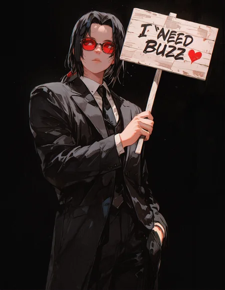 uchiha itachi in a suit, stylish glasses, (holding a sign that says "i need buzz":1.5) , retro, retro_artstyle