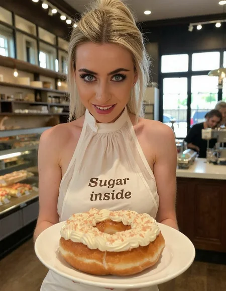 a woman, behind the counter of a bakery, cafe background, offering a creampie donut on a platter. her hair is up in a messy bun with front strands coming down on the side of her face. The girl is wearing nothing but a high neck skimpy apron. (((Her apron has text that reads âSugar insideâ))). she smiles seductively