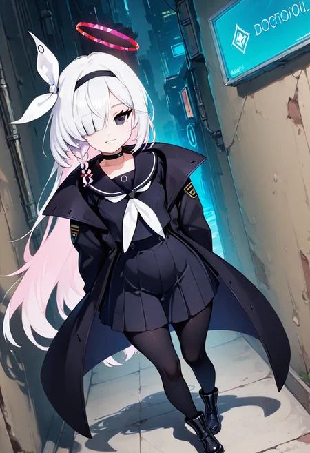 masterpiece, best quality, solo, curvy, beautiful eyes,  narrow waist, wide hips, zzPlana, grey eyes, white hair, bangs, braid, ribbon, halo, hair over one eye, black choker, bow hairband, hairband,  dynamic angle, foreshortening, close up, smile, looking at viewer,   ,       <lora:PlanaBlueArchiveIXL:1.0>, [Cyberpunk Underworld], Futuristic leather jacket, neon tattoos, black pants, combat boots, glowing contacts, Standing in a neon-lit alley surrounded by digital billboards and pulsing city energy.