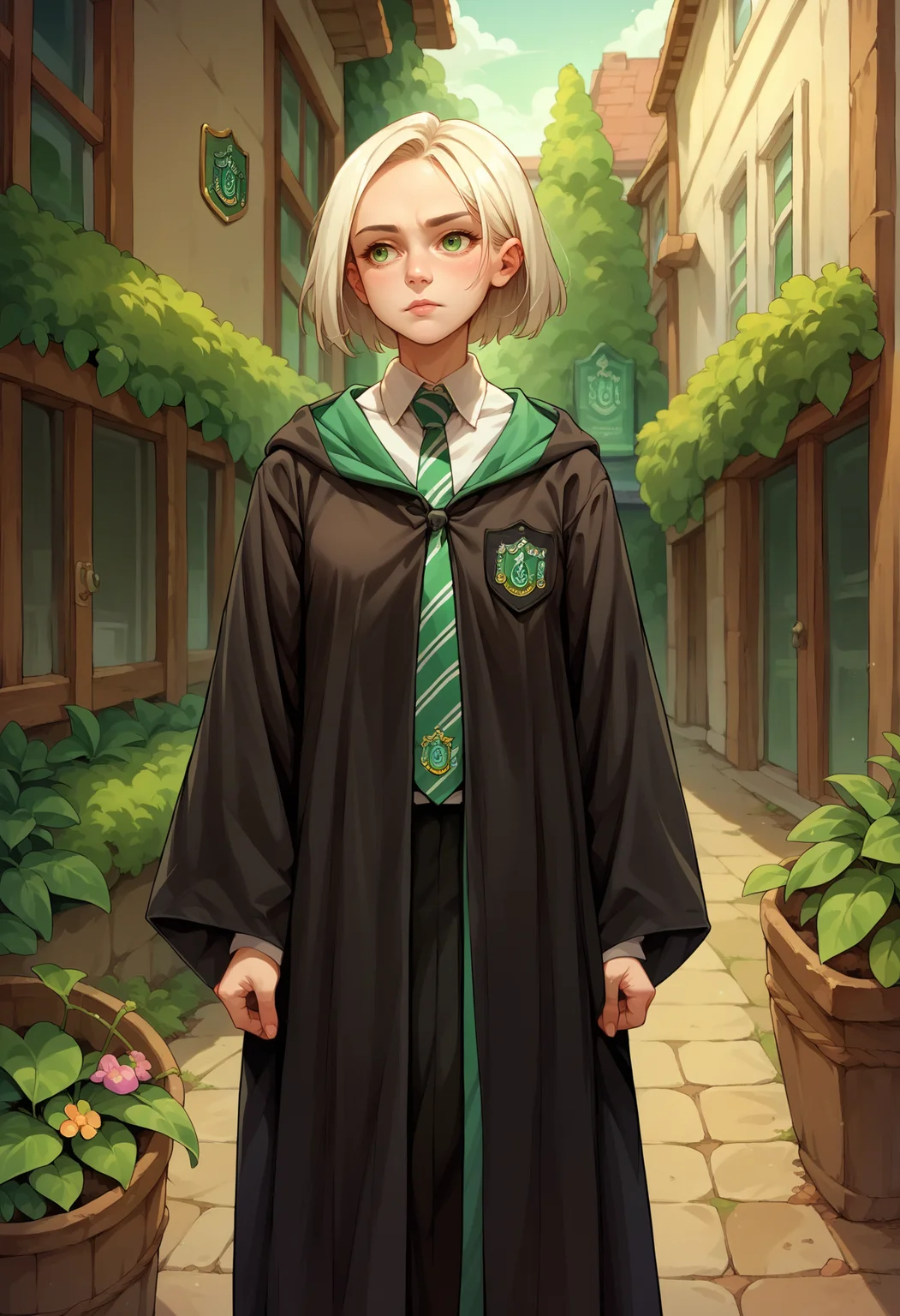 score_9, score_8_up,score_7_up, source_anime, 1girl, solo, <lora:EPRobeSlytherinPDXL:1>, EPRobeSlytherin, wearing EPRobeSlytherin, black robe, hood down, wide sleeves, green necktie,  diagonal-striped necktie, white shirt, collared shirt, badge, standing, outdoors,