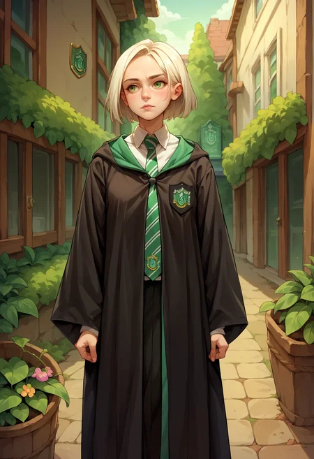 score_9, score_8_up,score_7_up, source_anime, 1girl, solo, <lora:EPRobeSlytherinPDXL:1>, EPRobeSlytherin, wearing EPRobeSlytherin, black robe, hood down, wide sleeves, green necktie, diagonal-striped necktie, white shirt, collared shirt, badge, standing, outdoors,