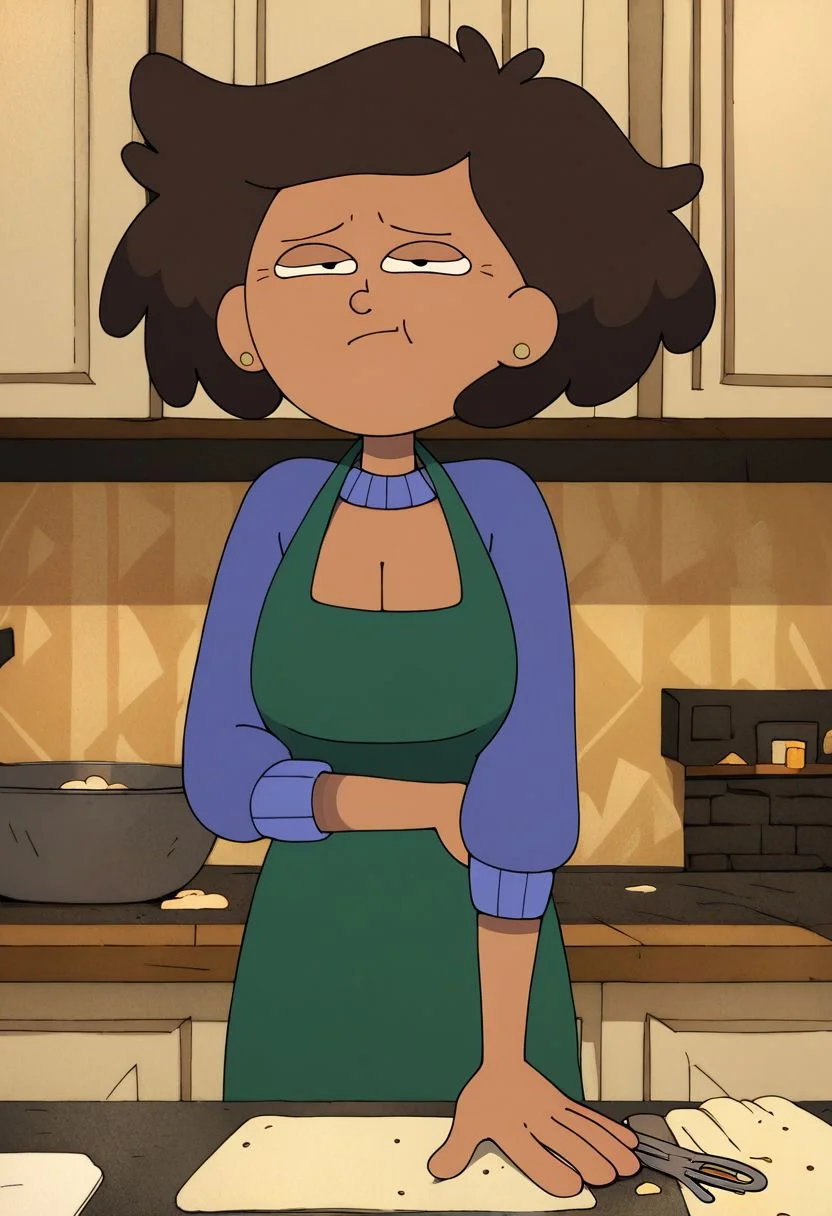 score_9, score_8_up, score_7_up, 1girl, mrs boonchuy, solo, brown hair, short hair, wearing only green apron, big breasts, cleavage, kitchen
