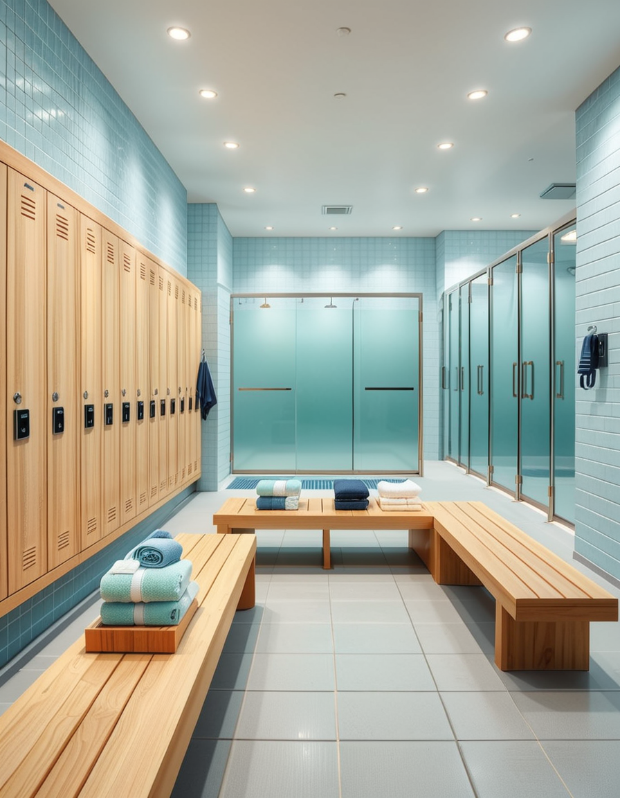 A realistic photograph of a modern swimming pool changing room, featuring clean, sleek design with white tiled walls and light blue accents. Rows of wooden benches with metal frames are neatly aligned in the center of the room. On the sides, there are individual lockers with glossy pastel-colored doors (light blue, mint green, and pale yellow), each with small number labels. Hooks are mounted on the walls, some holding neatly folded towels. The floor is made of non-slip gray tiles, slightly wet, reflecting the soft overhead LED lighting. The atmosphere is fresh and inviting, with a subtle fog from the pool area beyond a frosted glass door at the back. To the left side of the room, a large mirror spans the wall above a counter with built-in sinks, chrome faucets, and a few small bottles of hand soap. A subtle reflection of the interior is visible in the mirror. No people are present in the room. The lighting is bright but natural, as if itâs daytime with soft sunlight filtering through small high windows. The mood is calm, clean, and welcoming, captured with a high-resolution camera in photorealistic style. 
<lora:SDXLFaeTastic2400:0.4> <lora:extremely_detailed:0.4> extremely detailed,<lora:swimming_pool_ch4ng1ng_r00m:1>,swimming pool ch4ng1ng r00m, Masterpiece,best quality,hi res,8k,hi res,8k,award winning,(sharp focus, intricate, highly detailed),