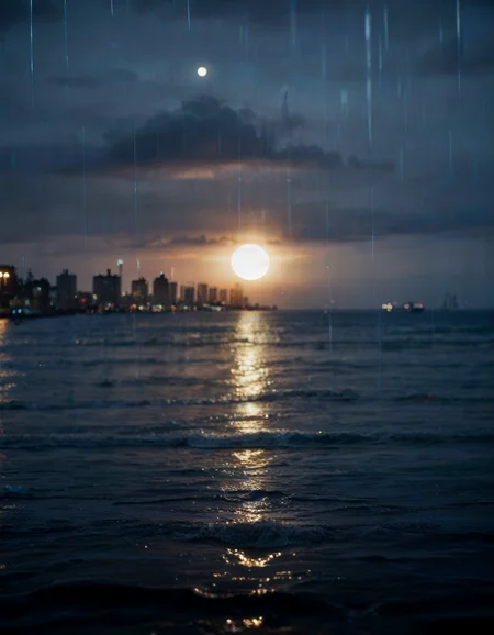 (real life, score_7_up, score_8_up, score_9_up, detailed beautiful landscape, bloom, volumetric lighting, <lora:Blue_Scene:0.78> bluescene, rain, wet, night, silhouette, ocean, crescent moon, depth of field,