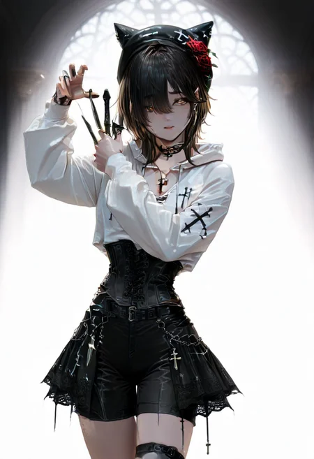 masterpiece, newest, absurdres, best quality, amazing quality, very aesthetic, ultra-detailed, highly detailed, BREAK 1girl, asian, ku-mi, black hair, pointy ears, forearm tattoo, dark brown eyes, small breasts, black hair, choker, medium hair,Gothic style, white hoodie, inverted cross, lace high collar, black corset vest, black fishbone skirt, black shorts, black Mary Jane shoes, cross necklace, black bell-shaped hat, rose brooch, belt, sleeves with black cross pattern, BREAK depth of field, ambient occlusion, diffuse glow, cinematic lighting, dark background, detailed background, close-up, indoor, interior, room,  GF-Illu, dagger_cloud_(magic), solo, floating dagger, magic dagger, dynamic pose, many dagger, magic, glowing, spinning dagger, cowboy shot, glowing eyes:0.2, hair over one eye, detailed eyes, detailed face,