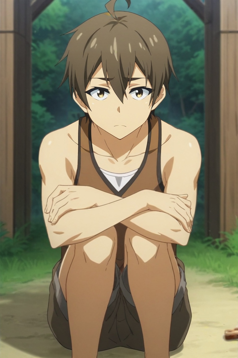score_9, score_8_up, score_7_up, source_anime, rating_safe, , anime screencap, anime coloring, official style, looking at viewer, depth of field, 1boy, solo, male focus, <lora:hideki_nishimura_pony:0.86>, hideki_nishimura, brown hair, brown eyes, short hair, hair between eyes, ahoge, rule of thirds, cabin, forest, campfire, indoors, knees together feet apart, sad, deer costume, <lora:sdxl_lightning_8step_lora:1>