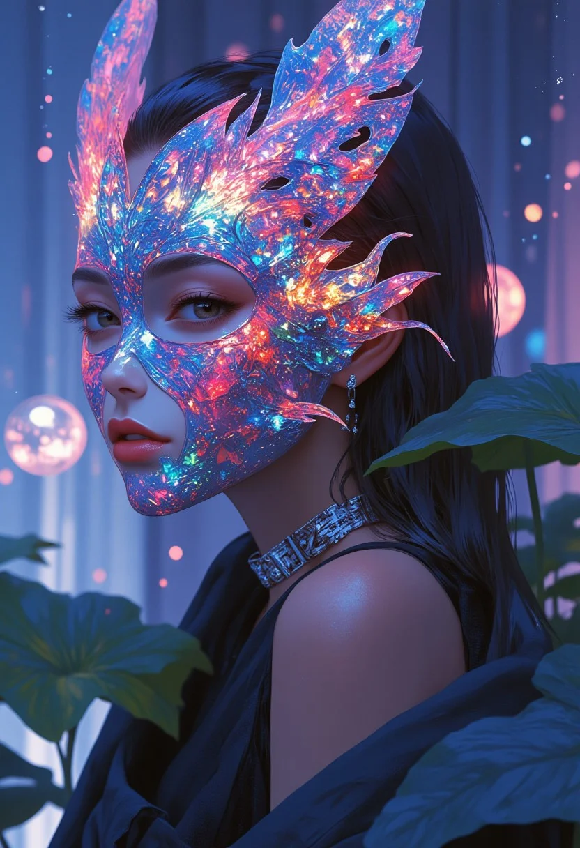 A mid shot surreal fantasy masterpiece of a beautiful feminine figure adorned with a mask intricately detailed with glowing neon dots and lines, forming organic, flowing patterns in a prismatic palette of 16 colors—neon violet, emerald, ruby red, bright cyan, and luminous gold. Several peace lily leaves frame the mask, their smooth surfaces catching the light and casting elegant shadows that ripple across the face. The figure tilts their head slightly forward, the glow of the mask subtly illuminating the edges of the glossy green leaves. The blurred background reveals a minimalist indoor setting with glowing orbs suspended in midair, creating a tranquil yet surreal atmosphere. Rendered in HD, 8K with cinematic lighting, f/1.4 aperture, and high-detail reflections that enhance the interplay of glowing neon and natural textures.
