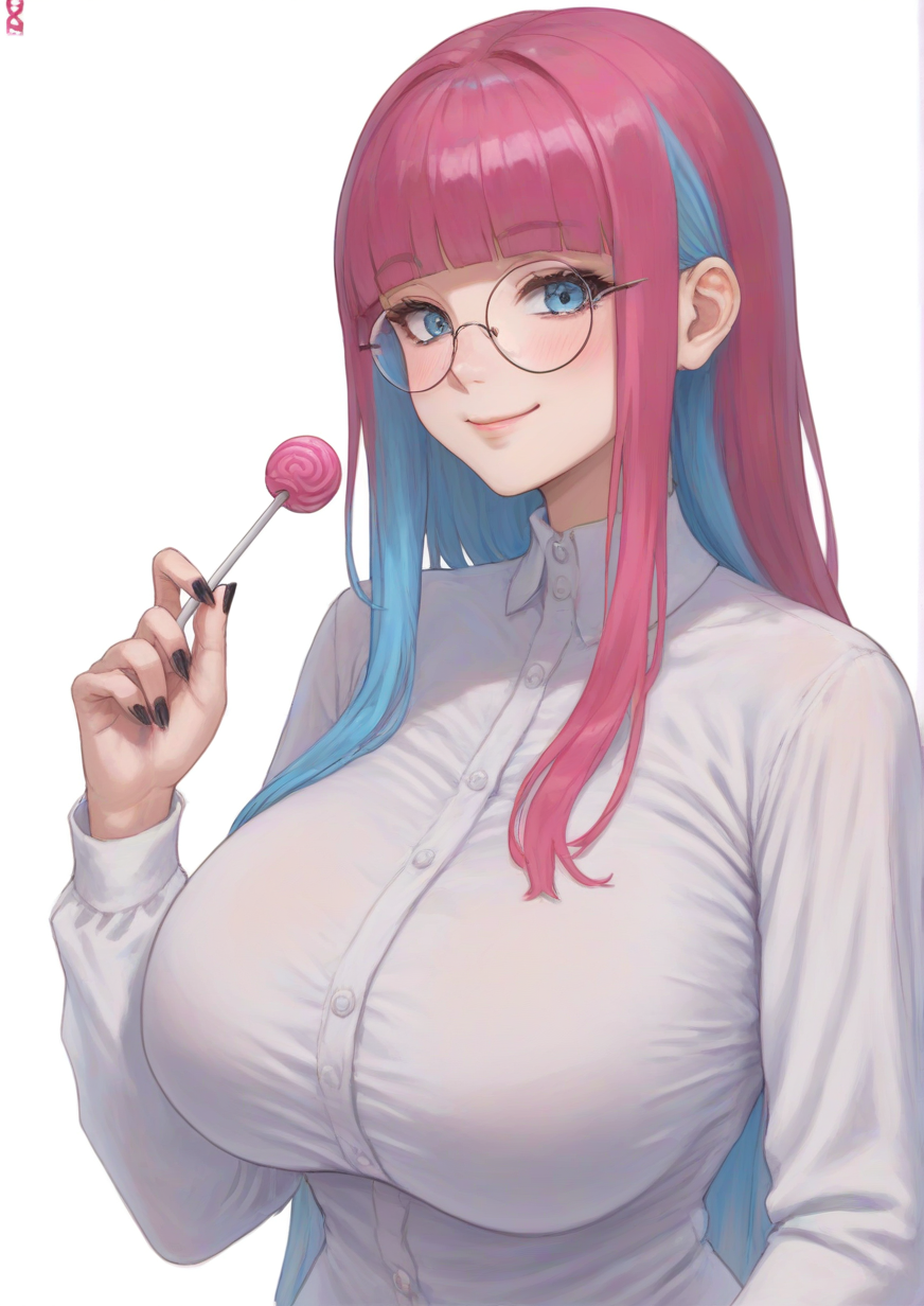 1girl, stocking (psg), huge breast, black nails, blue eyes, blue hair, blunt bangs, blush, candy, closed mouth, colored inner hair, fingernails, food, glasses, holding, holding candy, holding food, holding lollipop, light smile, lollipop, long hair, looking at viewer, multicolored hair, nail polish, pink hair, round eyewear, solo, streaked hair, two-tone hair, upper body, zPDXL3 <lora:Howxen:1>
