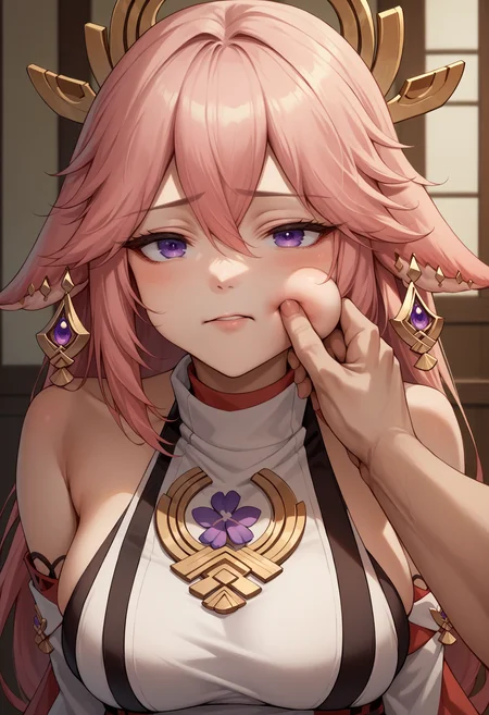 score_9, score_8_up, score_7_up, source_anime, 1girl, cheek pinching, pov hands, <lora:PinchingPOVOneHand_XLPD:1>, yae miko, upper body, puffy cheeks, indoors,