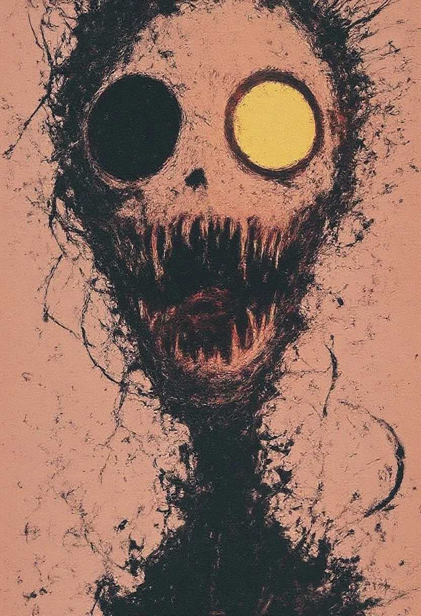 an adroit d3press1on illustration, in the playful scribble drawing style. triadic complementary colors, dark and moody surreal nightmare of an eerie laugh, a mouth distorted, wide grin, and full of sharp nails, in the realm of the damned dreaded souls, teal and orange color grading, yellow abstract geometric gradients stain the orangish background
<lora:d3press1on:0.9>