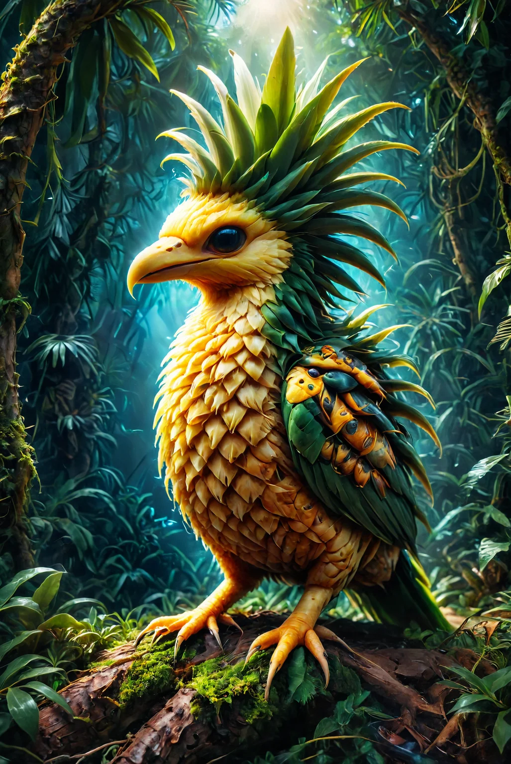 An extraordinary bird-of-paradise made out of pineapple perches on a branch of a tree, representing an undiscovered species. , with distinctive protruding feathers atop its head. The bird's presence exudes an air of mystery and allure, embodying the beauty of undiscovered biodiversity.
photography, Natural geographic photo, Hyper-realistic, 16k resolution, (masterpiece, award winning artwork), many details, extreme detailed, full of details, Wide range of colors, high Dynamic,
<lora:CBS_novuschroma37 style_b:1> novuschroma37 style, style of holga photography, light leaks, double exposure, <lora:DetailMaximizer:1> <lora:SDXLFaeTastic2400:1> Faetastic <lora:TheWeirdies_V2:0.9> theW3iRDi3Sv2 <lora:PineappleMorph-SDXL-V0.1:1>