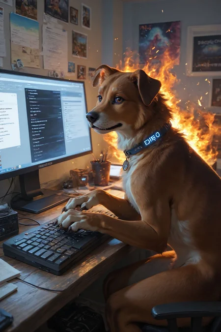 looking at viewer,detailed background,Cinematic Lighting,film grain,score_9,score_8_up,score_7_up,masterpiece,best quality,highly detailed,
<lora:(增强)sdxl_lightning_8step_lora:1>,<lora:glowneon_xl_v1:1>,glowing,<lora:Expressive_H:0.8>,Expressiveh,<lora:th3rm4lXLP:0.4>,th3rm4l,colorful,
realistic,computer,no humans,keyboard (computer),monitor,english text,dog,fire,speech bubble,animal,indoors,keyboard \(computer\),