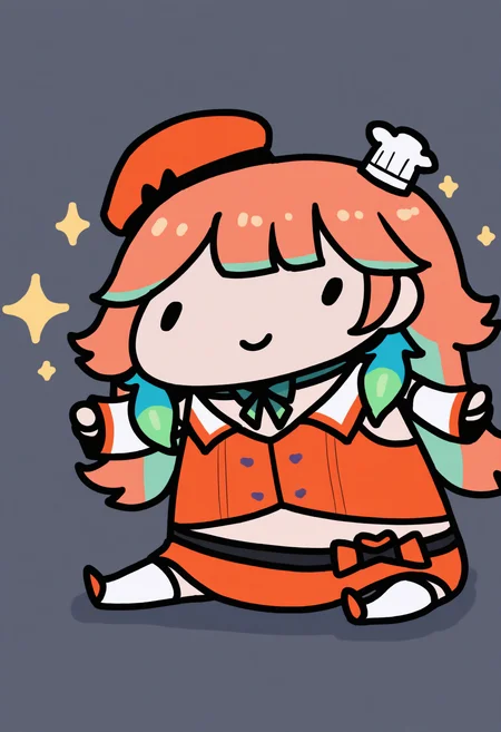 masterpiece, best quality, 1girl, solo, K1araDef, multicolored hair, orange hair, green hair, long hair, feather earrings, orange beret, mini chef hat, ribbon choker, orange vest, detached sleeves, white sleeves, midriff, orange miniskirt, belt, white thighhighs, sitting, on floor, smile, dot eyes, sparkles, spread arms, chibi, meme, thick lines, simple background, white background, <lora:style_walfie_illustriousXL-GLoRA:1>, <lora:ChamTakanashiKiaraNoob:1>