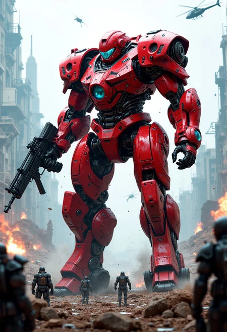 a huge high end bipedal robot battle unit, red and neon power armor, detailed cyberhelmet, robot joints and circuits, holding an assault rifle, fighting in a battle on a futuristic sci-fi battleground, smoke, ruins, soldiers in power armor (size difference), attack helicopter, armored vehicle, intricate detail. Perfect Composition, realistic photographic image, RAW photo highest quality, perfect directional lighting, mythp0rt