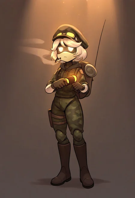 (masterpiece, high quality, highly detailed, best quality), SD-V, 1girl, solo, robot girl, humanoid robot, robot joints, hairband, short white hair, yellow eyes, solid circle pupils,
military smoking, military hat, war, trenches, explosions from behind, yellowish lighting, blaster in hand, snow
upper body, scared, confused
military, camouflage, solo, backpack, boots, hat, goggles, goggles on headwear, jacket, hood, bag, headset, camouflage jacket, gloves, holster, hood down,thigh holster, radio antenna, military, headphones, leggings, closed mouth, camouflage pants,