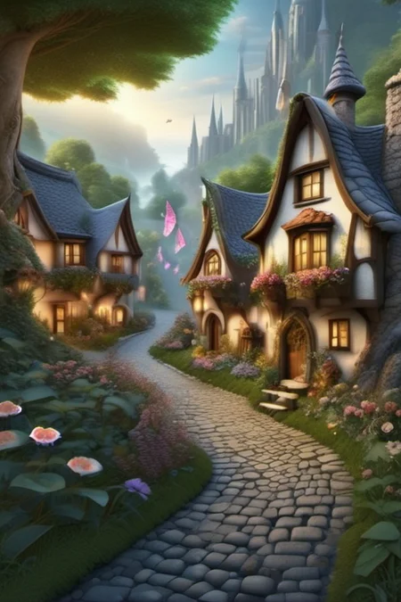 <lora:Fairy_Tale_Village:1>a beautiful fairy tale village with a cobblestone path and a small creek, some trees, and flowers, detailed, realistic, photographic