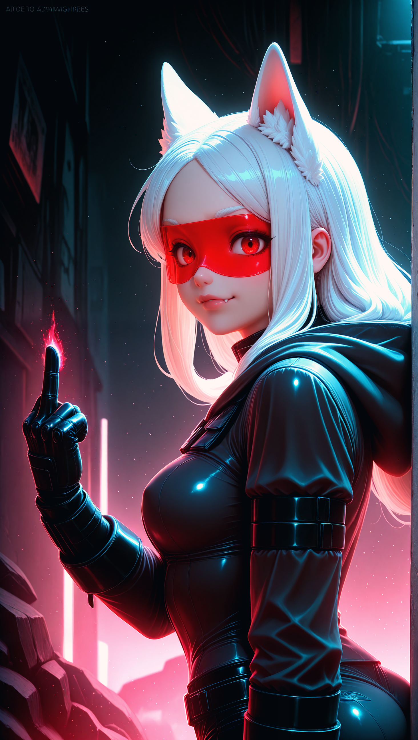 best masterpiece, best details, brilliant sharpness, best quality, HDR, best 8K results, 8K, perfect eyes, perfect face, detailed background, realistic, photorealistic, cerberus \(helltaker\), white hair, animal ears, red eyes, fang, petite, cyberpunk, high, visor, holographic clothing, hood down, black jacket, solo, from side, looking at viewer, middle finger, assertive female, nsfw, aidmaImageUpgrader, addmicrodetails, aidmafluxpro1.1, film grain, raw, amateur, grainy, lowres,2000s nostalgia, zPDXL3, (embedding:zPDXL3. safetensors:1.0)