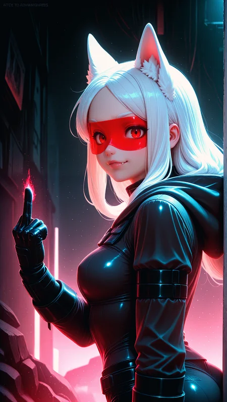 best masterpiece, best details, brilliant sharpness, best quality, HDR, best 8K results, 8K, perfect eyes, perfect face, detailed background, realistic, photorealistic, cerberus \(helltaker\), white hair, animal ears, red eyes, fang, petite, cyberpunk, high, visor, holographic clothing, hood down, black jacket, solo, from side, looking at viewer, middle finger, assertive female, nsfw, aidmaImageUpgrader, addmicrodetails, aidmafluxpro1.1, film grain, raw, amateur, grainy, lowres,2000s nostalgia, zPDXL3, (embedding:zPDXL3. safetensors:1.0)