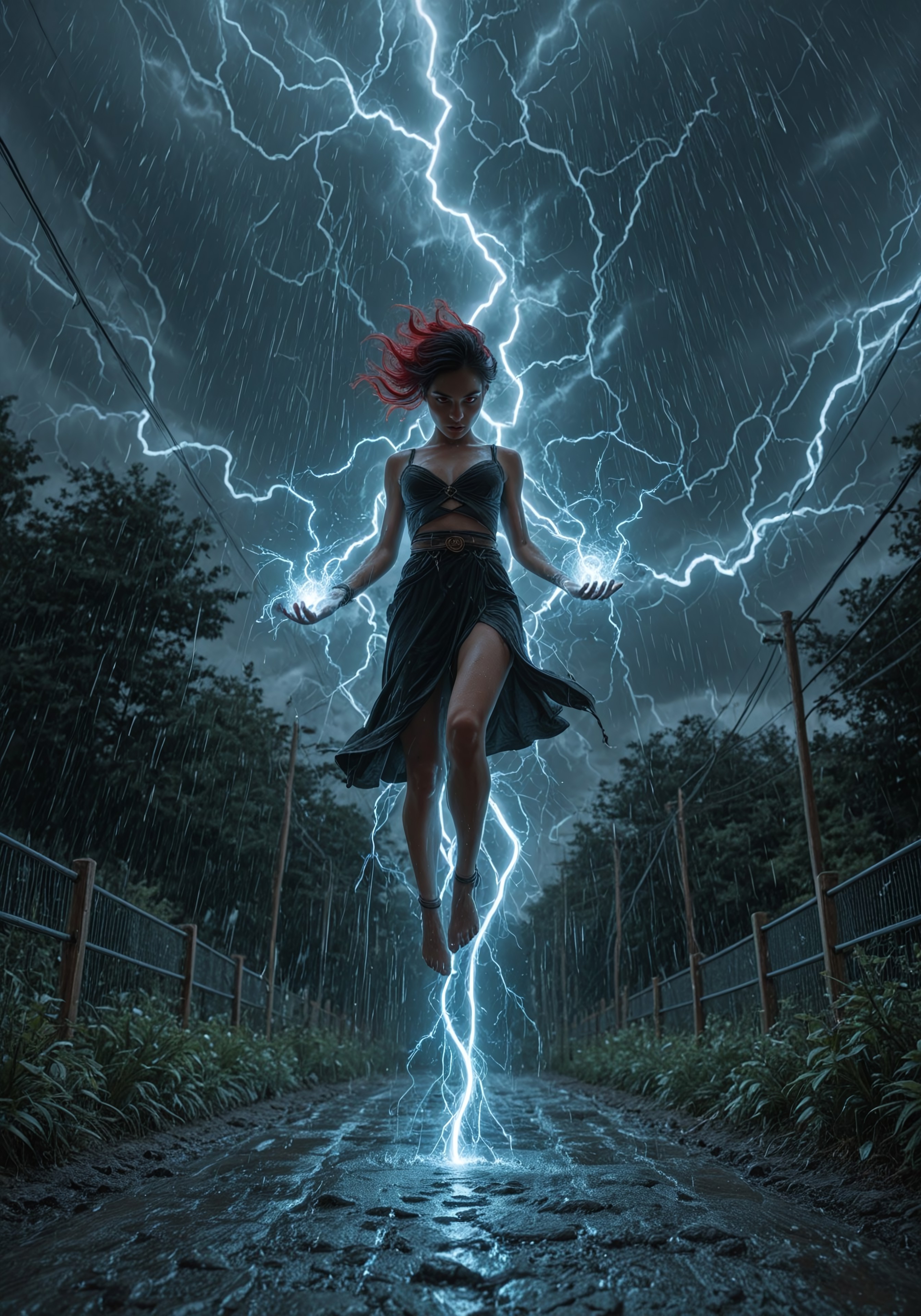 (((ultra detailed, masterpiece, high quality, pretty )))
, 
((( Ligmagmb2, lightning magic, electricity, glowing, lightning, beautiful, )))
,
((( 1girl, solo, elegant  ))
,
((( Adatelmb2, Multicolored hair, black hair, red hair, red streaks,Red eyes, two-tone hair, )))
,
((( , ))
,
((( outdoors, storm, levitating, rain, )))
,
((( )))
,
(((  )))