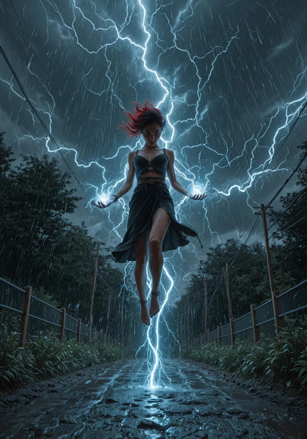 (((ultra detailed, masterpiece, high quality, pretty )))
,
((( Ligmagmb2, lightning magic, electricity, glowing, lightning, beautiful, )))
,
((( 1girl, solo, elegant ))
,
((( Adatelmb2, Multicolored hair, black hair, red hair, red streaks,Red eyes, two-tone hair, )))
,
((( , ))
,
((( outdoors, storm, levitating, rain, )))
,
((( )))
,
((( )))