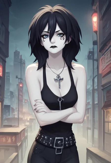 D_endless, 1girl, black hair, medium hair, hair between eyes, pale skin, white body, medium breasts, facial tattoo, ankh necklace, black top, bare shoulders, studded belt, black pants, looking at viewer, black lips, goth, night, arms crossed, cleavage, city, anime screencap, score_9, score_8_up, score_7_up, score_6_up, score_5_up, score_4_up, ponypositive,