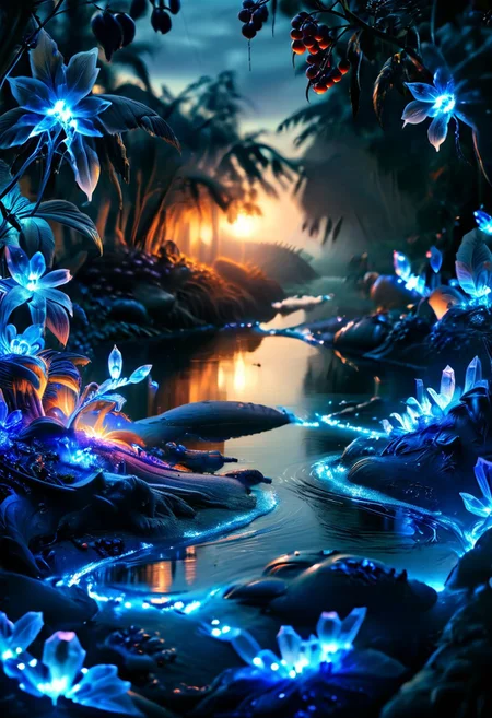 (8k analog nature photography:1.2), (a beautiful landscape:1.1) Extreme realism,  Insanely realistic, with a river in the distance, shiny sapphire (crystal:1.2) berries ,<lora:Bio-Luminescence:1> bioluminescent, glowing, focus on the fruit.  bioluminescent, glowing, detailed , detailed style, perfect, Night, darkness,