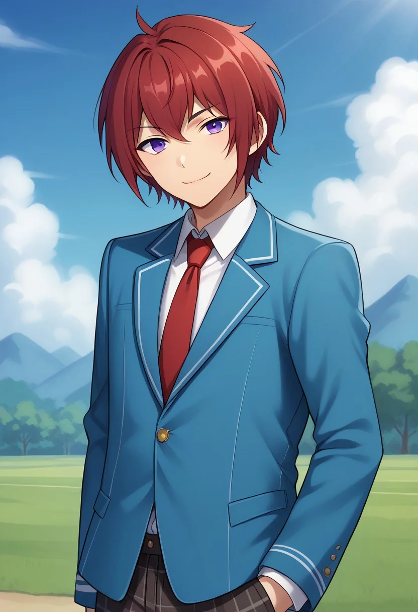 score_9, score_8_up, score_7_up, source_anime, highly detailed,
tsukasasuou, 1boy, plaid pants, male focus, school uniform, solo, necktie, plaid,
blazer, purple eyes, pants, red hair, jacket, blue jacket, red necktie,
looking at viewer, smile, closed mouth,
outdoor, sky, upper body,