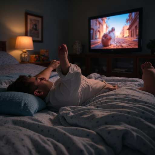 Scoot is laying on his back in bed.  He is holding the shaft of his cock with his fingers.  Erect penis.  He is watching TV