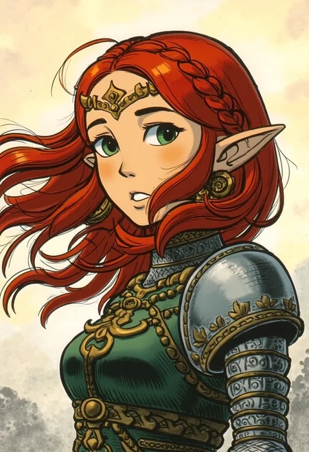 Illustration by Jean-Claude Mezieres of upper body portrait of a young princess warrior, her long red hair framing her face, tied in intricate braids, her piercing green eyes looking forward with a subtle confident expression, wearing a lace up green medieval style tunic underneath heavy steel medieval armor