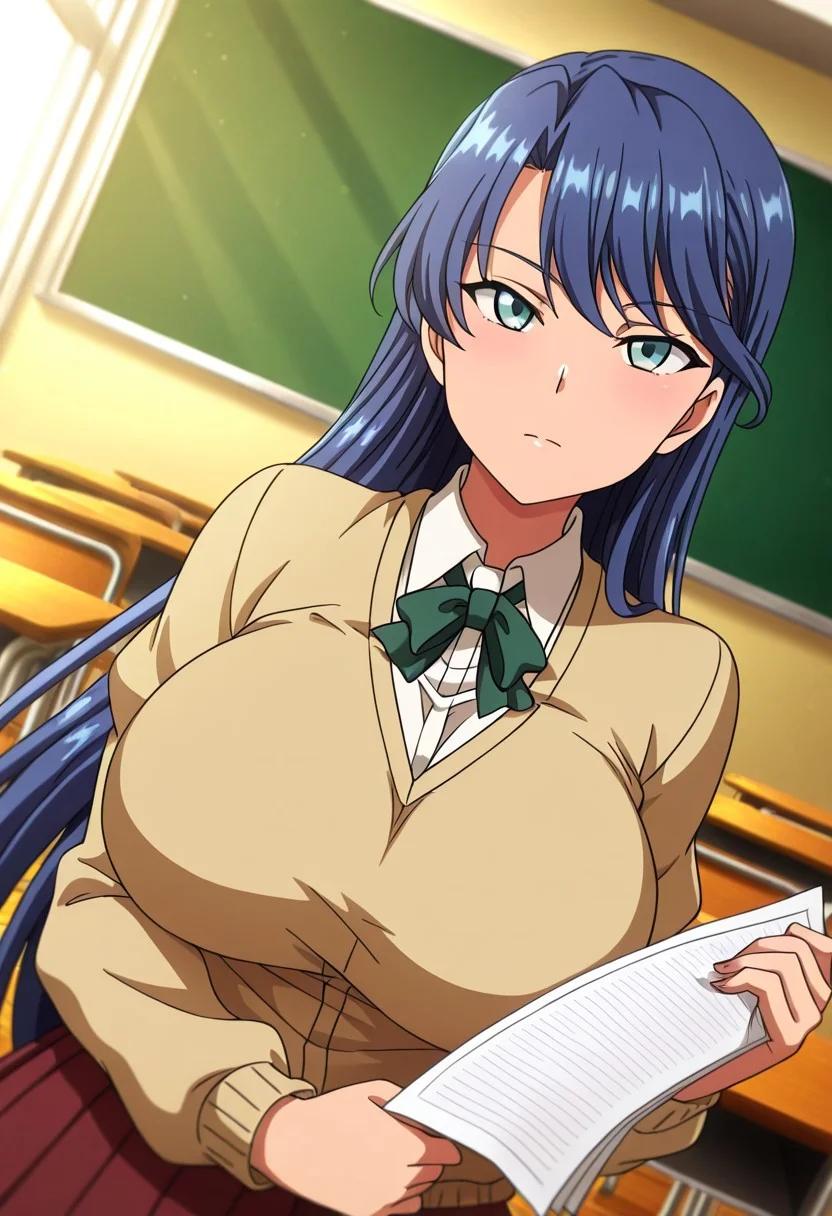 general,highres, ultra-detailed,very aesthetic,best quality ,best hands,best eyes,easynegative,anime_coloring,
dynamic anglre, dutch angle,
1girl solo,looking at viewer,school,indoors,classroom,holding papers,standing,
Mizuki Miyama,blue hair, long_hair, blue_eyes, huge_breasts,school uniform,