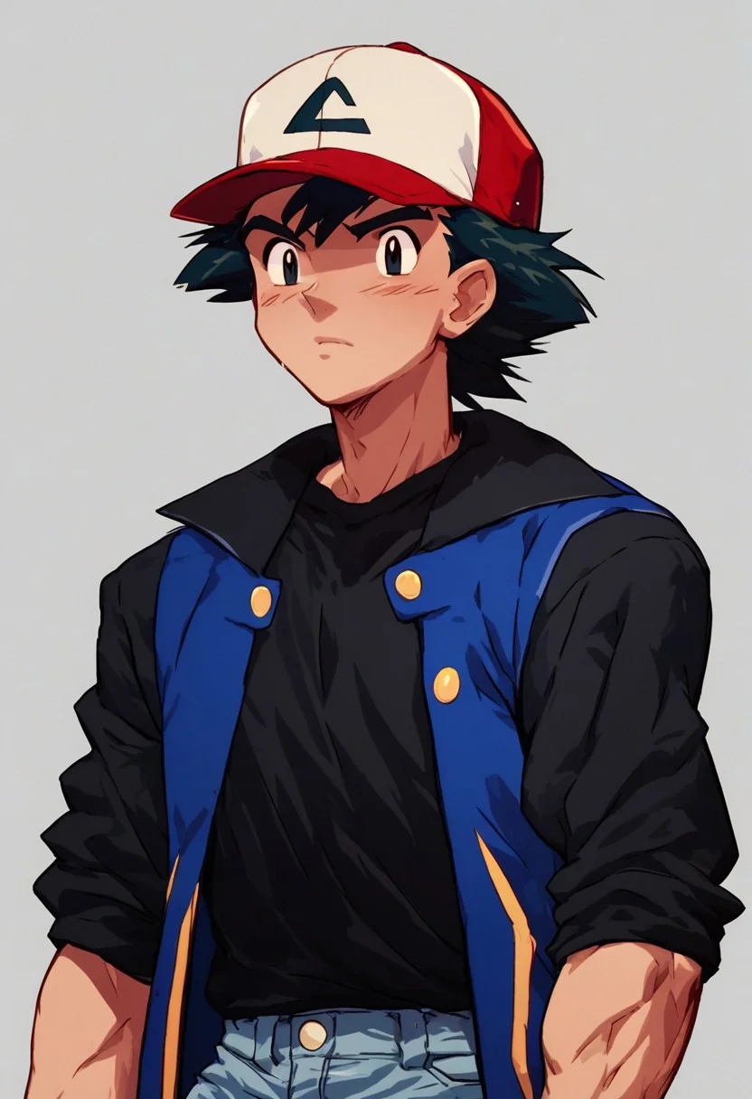 score_9, score_8_up, score_7_up,ash3, very muscular,devonxy, masculine, tight clothes, transformation,1boy, black hair, black eyes. hat, baseball cap, jacket, shirt, black shirt,