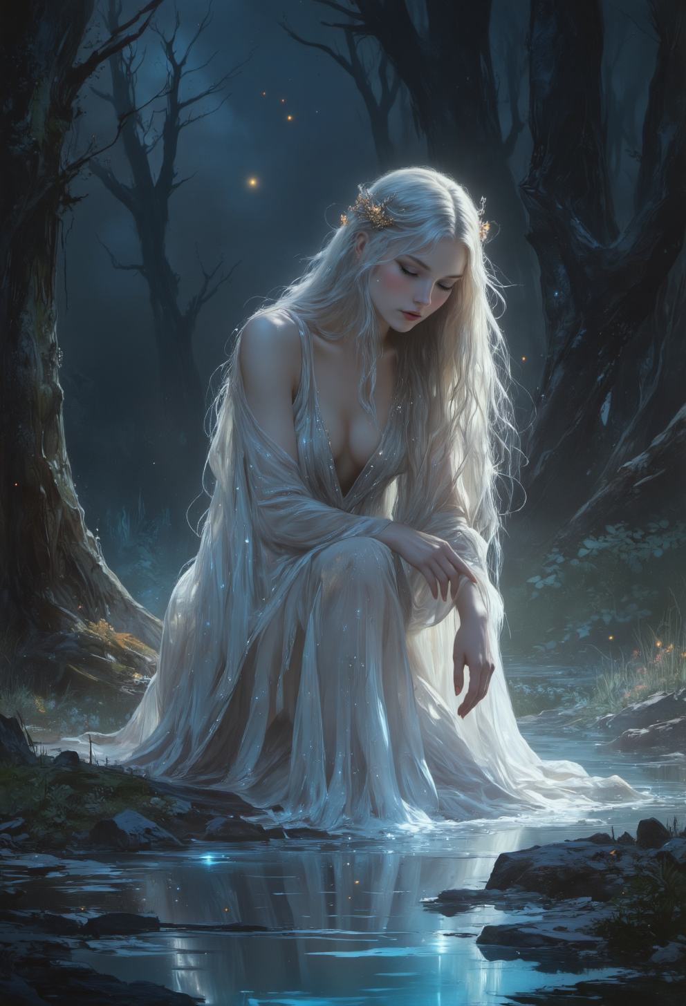 A soft-focus cinematic fantasy scene of a luminous, otherworldly woman with long, flowing silver-white hair kneeling at the edge of a still moonlit pond in an ancient forest clearing. Her translucent starlight robes pool around her like mist, glimmering with faint constellations. She reaches out with one delicate hand, lightly touching the waterâs surface, sending soft ripples across the mirrored moonlight. Her violet eyes are downcast, filled with silent sorrow and otherworldly grace. A breeze stirs her hair and robe, adding gentle motion to the quiet moment.
The forest around her is dark and ancient, filled with twisting trees and luminous wildflowers. Fireflies drift lazily through the mist, glowing gold and pale blue. The composition is richly layered, with dreamy bokeh, soft lens flares, and prismatic light leaks washing across the frame. The image glows with warm overexposure and faint vintage film grain, evoking the style of a melancholic fantasy film still.
  <lora:Vibrantly_sharp_style_v.2:0.5> <lora:80sFantasyMovieV3:0.5>    <lora:OBååå®èåç»V2.0:0.4> obxiaoxiang <lora:artisketchyfs-v02:0.75>