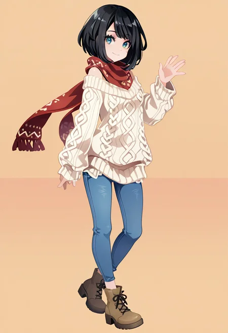 masterpiece, best quality, 1girl, solo, eyelashes, (beautiful eyes), narrow waist, smile, <lora:CoutureCraze_IXL:1.0>, zzSelene, black hair, short hair, C0utur3Cr4z3, 1girl, solo, oversized knit sweater, skinny jeans, ankle boots, wool scarf, casual coffee shop, warm ambiance â Selene relaxes in a cozy coffee shop, her oversized knit sweater enveloping her in warmth. The soft fabric contrasts with the sleekness of her skinny jeans, and ankle boots add a touch of comfort. A wool scarf is draped loosely around her neck, adding a chic layer to her casual look. Her short black hair frames her face perfectly as she sips on her coffee, the warm ambiance of the café providing the perfect backdrop for her effortless style. <lora:SelenePokemon_NAI:1.0>,